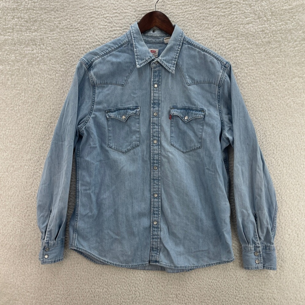 Levis Shirt Mens Large Blue Denim Pearl Snap Light Wash Western Cowboy Rodeo